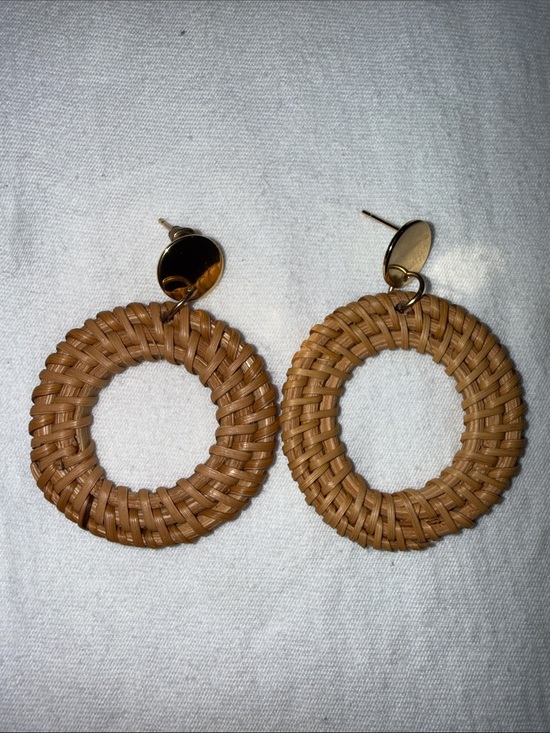 Jewelry - Woven Tan Hoop Drop Earrings with Gold Studs - Women Jewelry